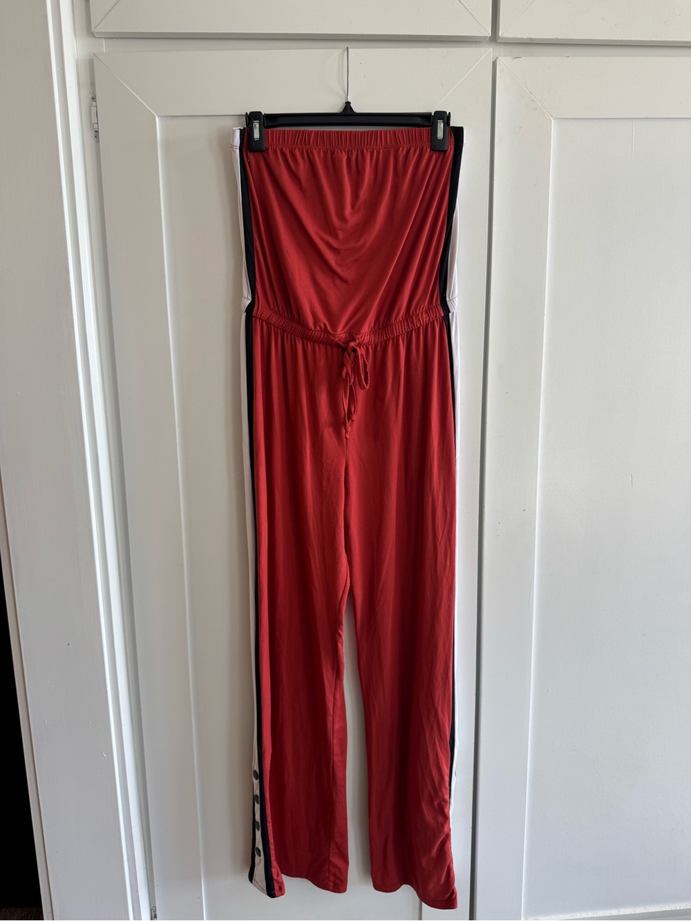 No Boundaries Red Strapless Wide-Leg Jumpsuit with Side Stripe
